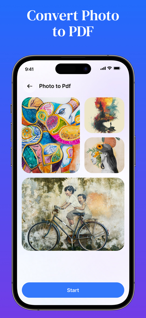 QuickTools Media & Files - QuickTools app interface showing the Photo to PDF conversion tool with a selected gallery of images.