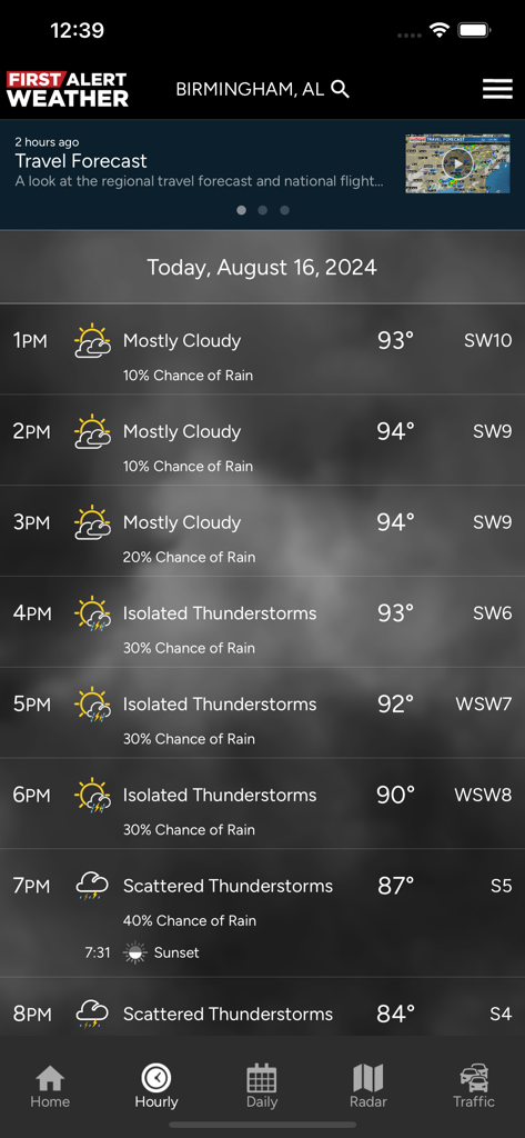 A mobile app screen showing the hourly weather forecast for Birmingham Alabama with temperatures and storm icons
