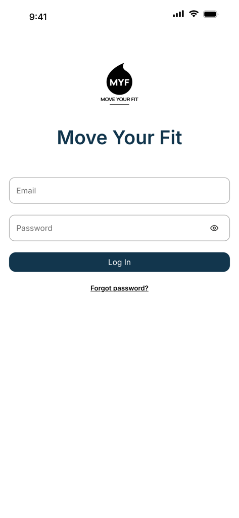 Move Your Fit - Login screen for the Move Your Fit fitness app featuring email and password input fields and the MYF logo