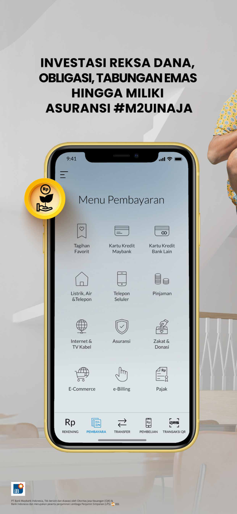 A smartphone displaying the Maybank2u ID payment menu with options for Indonesian utility bills, credit cards, insurance, and taxes.