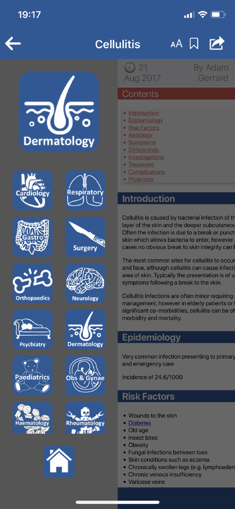 almostadoctor - The almostadoctor app interface displaying various medical specialty categories and a clinical article on cellulitis.