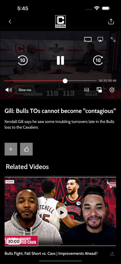 CHSN mobile app video player featuring Chicago Bulls post-game analysis.