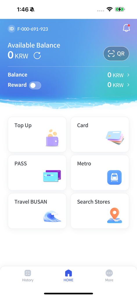 BUSAN Pay - BUSAN Pay mobile app home screen showing available balance QR payment button and menu options for metro and tourist passes