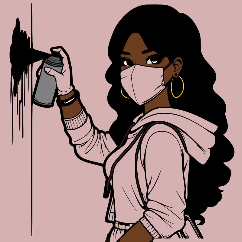 realistic girl with mask spray painting a wall