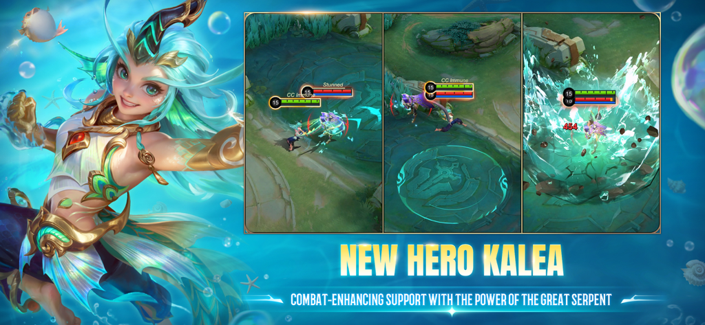 A promotional banner for the new hero Kalea in Mobile Legends Bang Bang showing character art and gameplay.