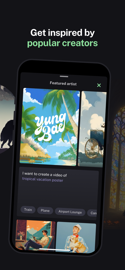 Interfaz de la aplicación Kaiber mostrando artistas destacados y indicaciones de creación de video con IA generativa