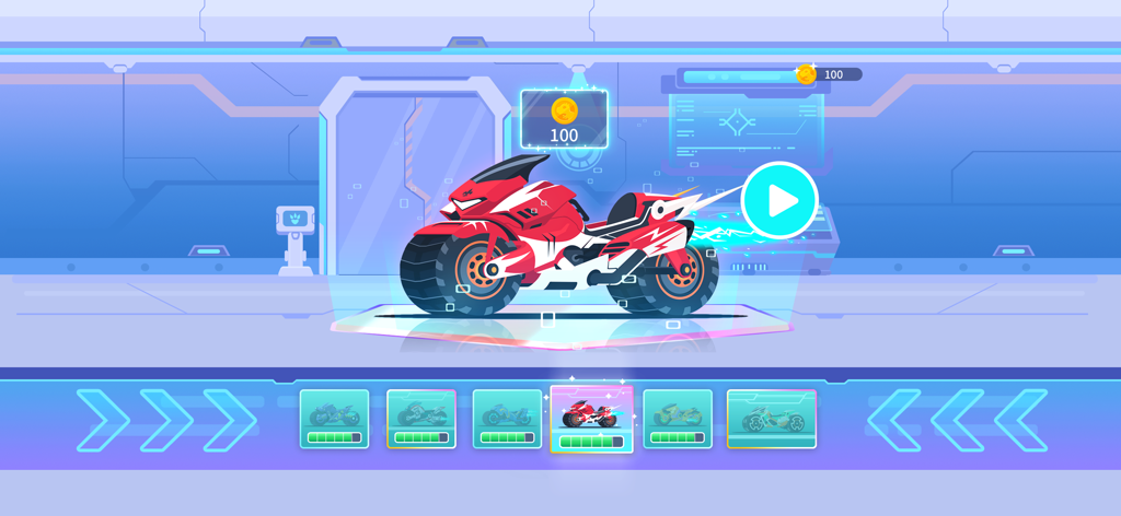 Una schermata di selezione in un garage futuristico con una moto da corsa rossa e bianca con altre opzioni di moto visualizzate in basso