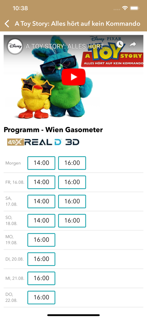 Hollywood Megaplex app showing movie showtimes for Toy Story 4 at Wien Gasometer