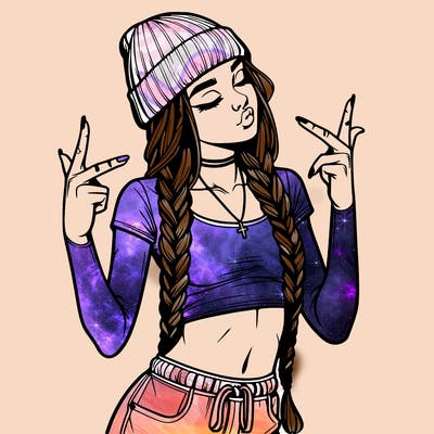 realistic teenage girl with braids and a beanie and crop top doing 🫶🏼
