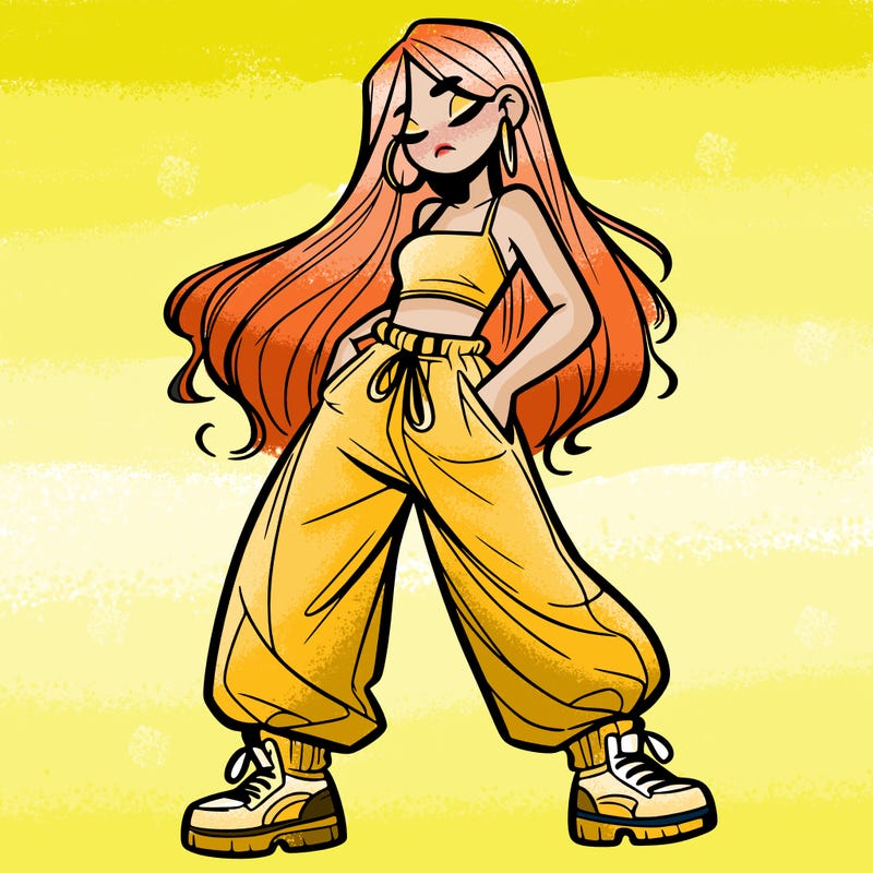 girl in baggy pants crop top and long hair