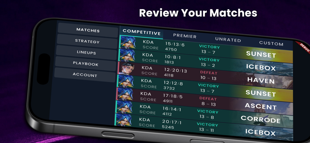 스마트폰 화면에 ValoPlant 앱에서 발로란트 경쟁전 기록, KDA 점수 및 맵 결과 표시