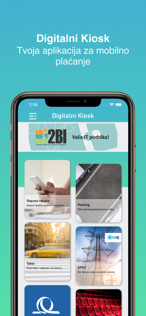 Digitalni Kiosk mobile app interface showing payment services for parking, phone top-up, taxi, and utilities.