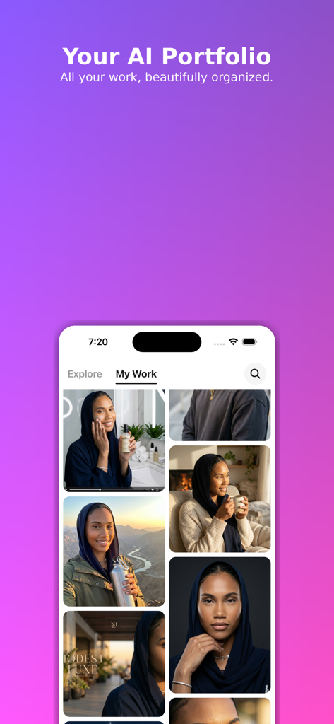 Moji AI - AI Influencer Pro - The My Work section of the Moji AI app showing an organized portfolio of AI-generated influencer photos.