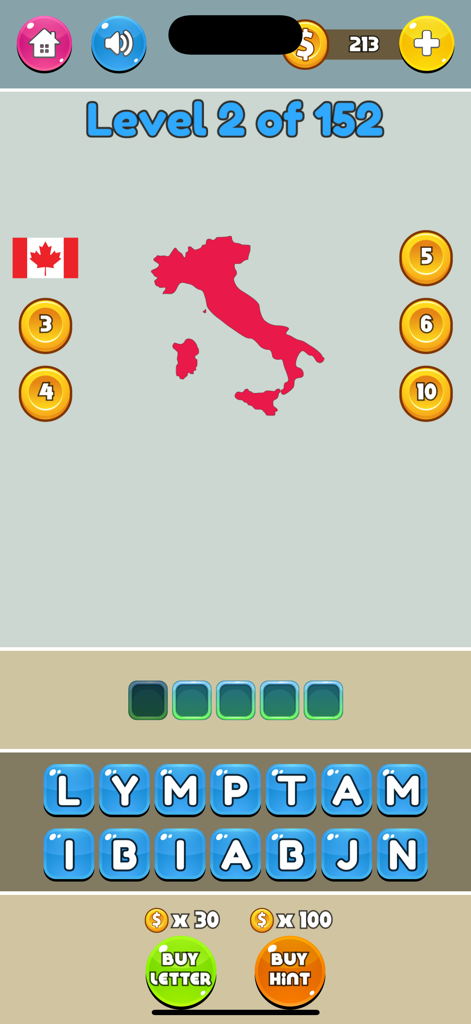 World Map Quiz 2025 gameplay screen showing a red outline of Italy and a letter grid for guessing the country name