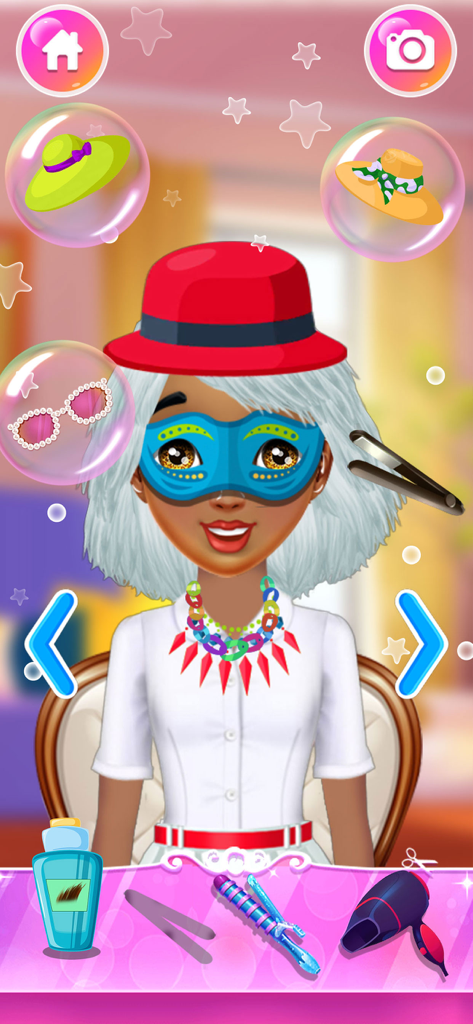 A character being styled with a blue mask and red hat in the Girl Hair Spa Salon game
