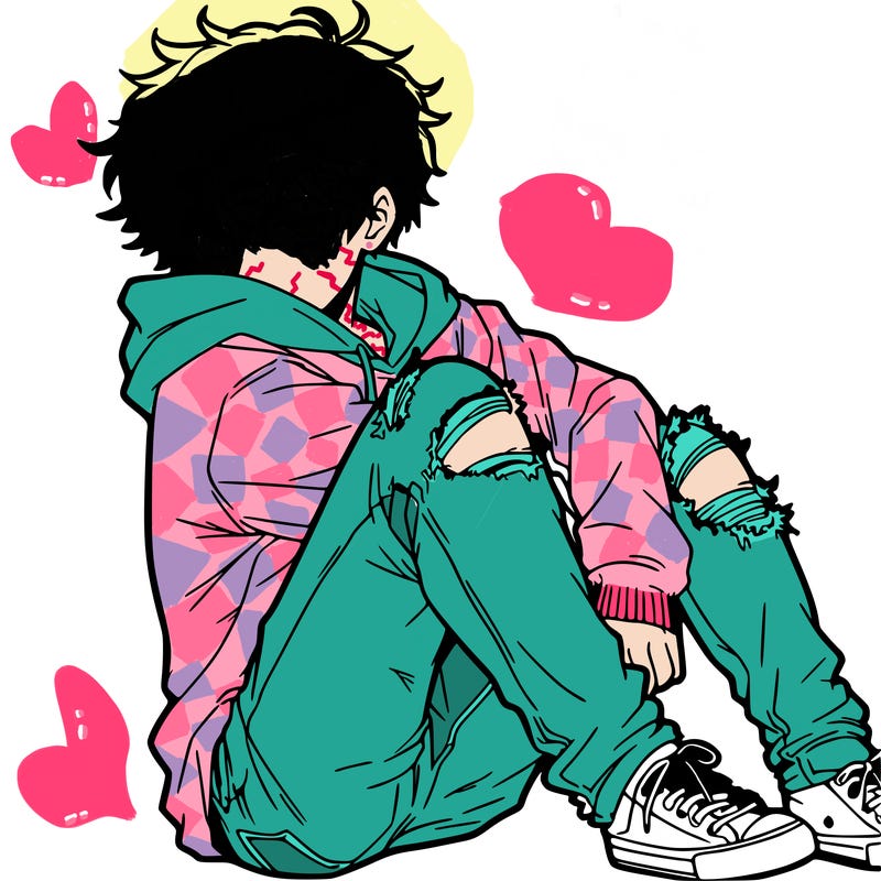 a male hoddie ripped jeans messy hair anime