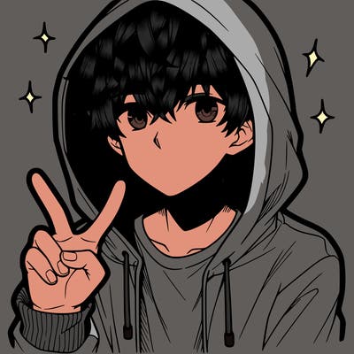 teenage manga boy in a hoodie, doing ✌