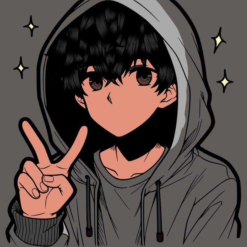 teenage manga boy in a hoodie, doing ✌