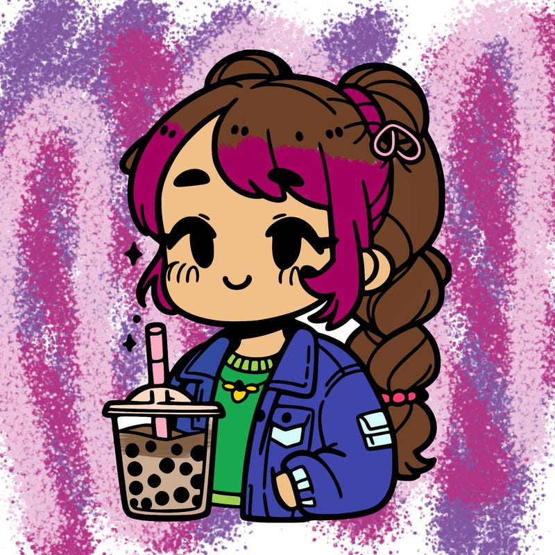 a girl that has a boba tea and has a jacket and pants and has braids