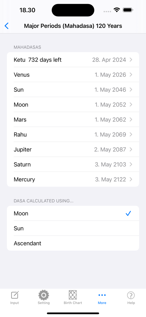 iHoroscope Vedic - Technical screen in iHoroscope Vedic showing a list of major periods or Mahadasas with dates and calculation settings.