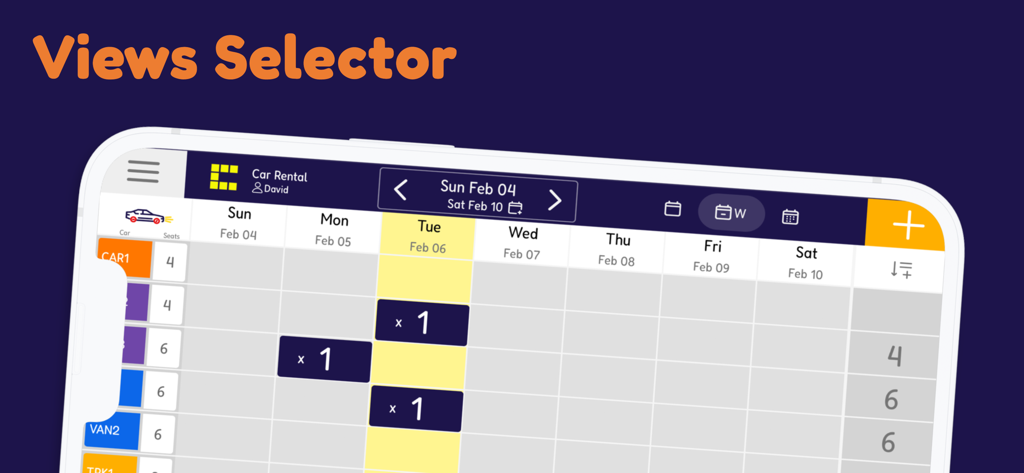 RentMate Booking Planner Pro - RentMate Booking Planner Pro app interface showing a weekly calendar grid for property management with the views selector feature.