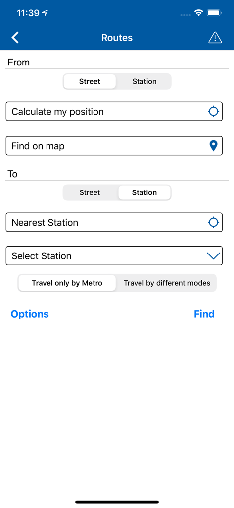 Official Metro de Madrid - Interfaccia del pianificatore di itinerari dell'app Metro Ufficiale di Madrid che mostra i campi di immissione di origine e destinazione