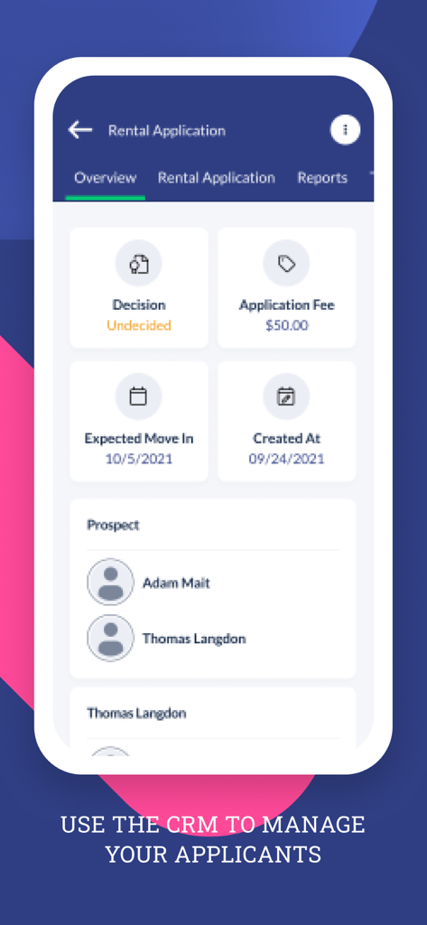 DoorLoop App-Bildschirm, der eine Übersicht über Mietbewerbungen mit Bewerberdetails und Entscheidungsstatus anzeigt