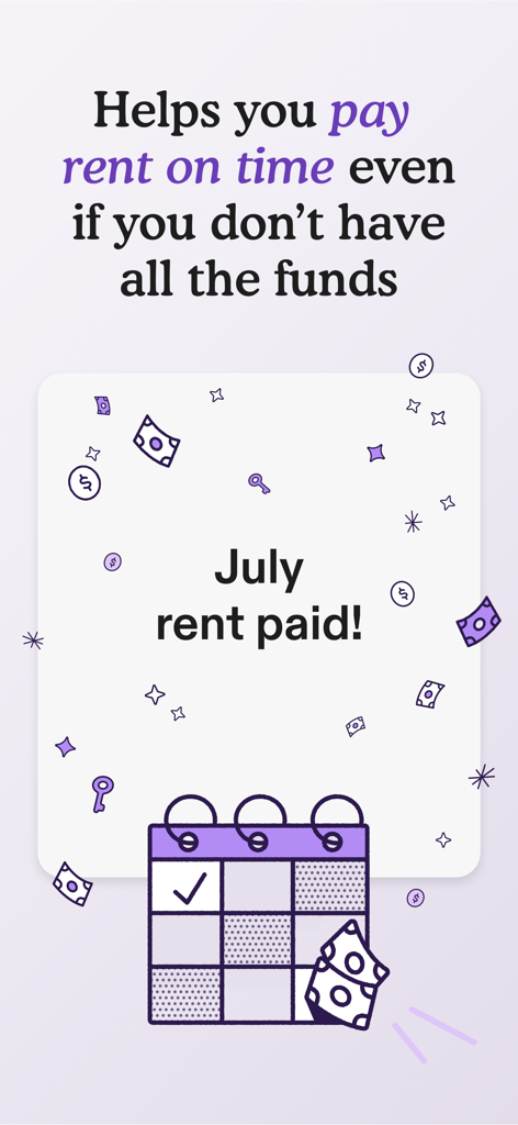 Flex - Rent On Your Schedule - Tela promocional do aplicativo Flex mostrando uma confirmação de pagamento de aluguel e um ícone de calendário