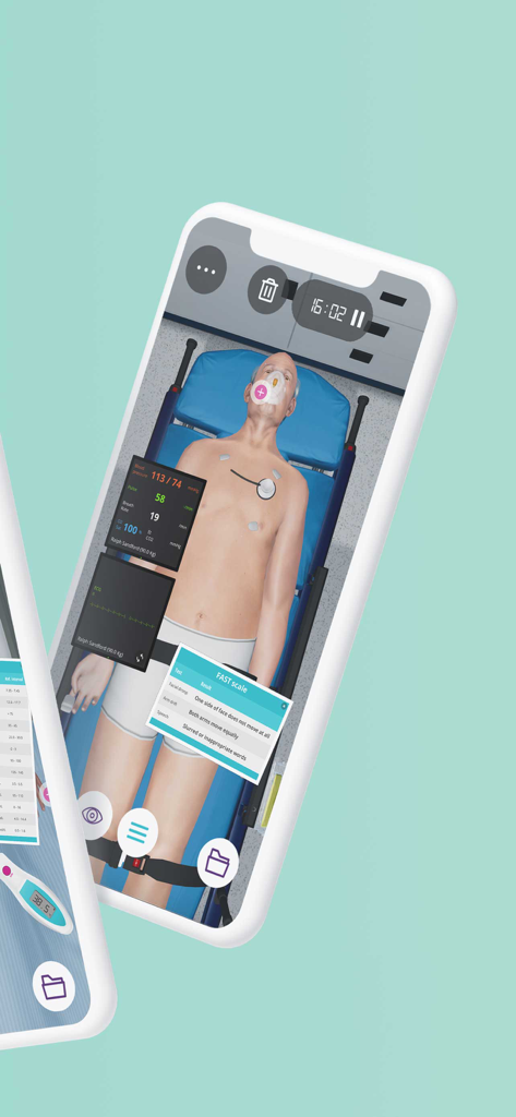 Body Interact - Body Interact app displaying a virtual patient on a stretcher with real time vital signs and a stroke assessment menu