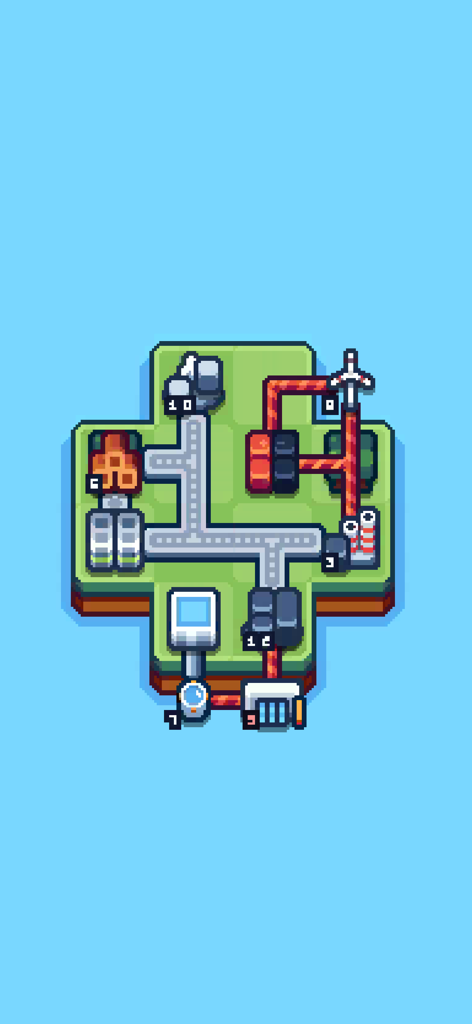 Production Chain Tycoon - Top down pixel art view of an industrial factory and supply chain layout on a small island