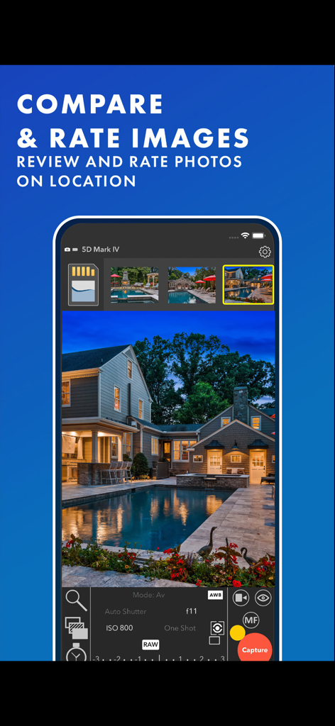Interface de l'application CamRanger 2 pour examiner et noter des photos professionnelles sur site