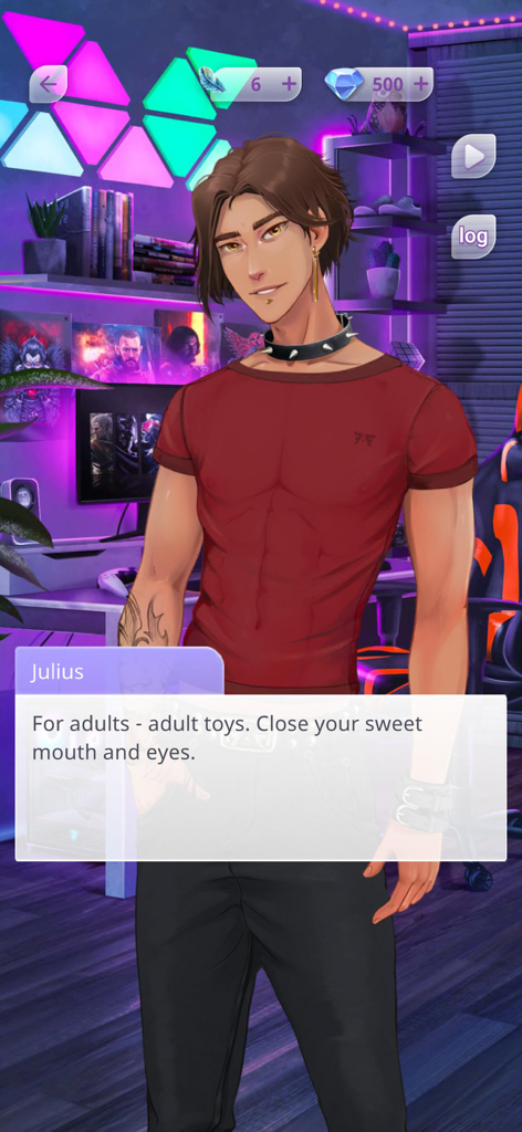 Episode My First Kiss BL Story - Pantalla de diálogo del juego con el personaje Julius con un collar de púas en Episodio Mi Primera Historia de Besos BL