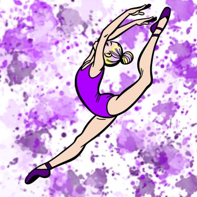 gymnast doing a leap in a leotard with a bent back leg