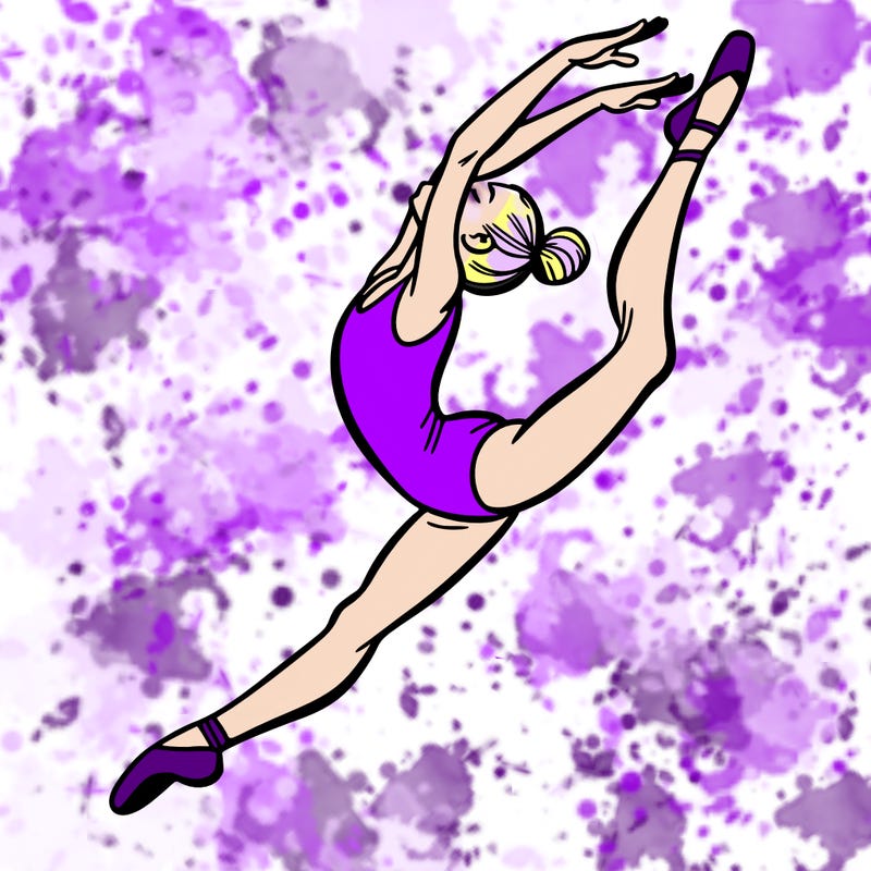gymnast doing a leap in a leotard with a bent back leg
