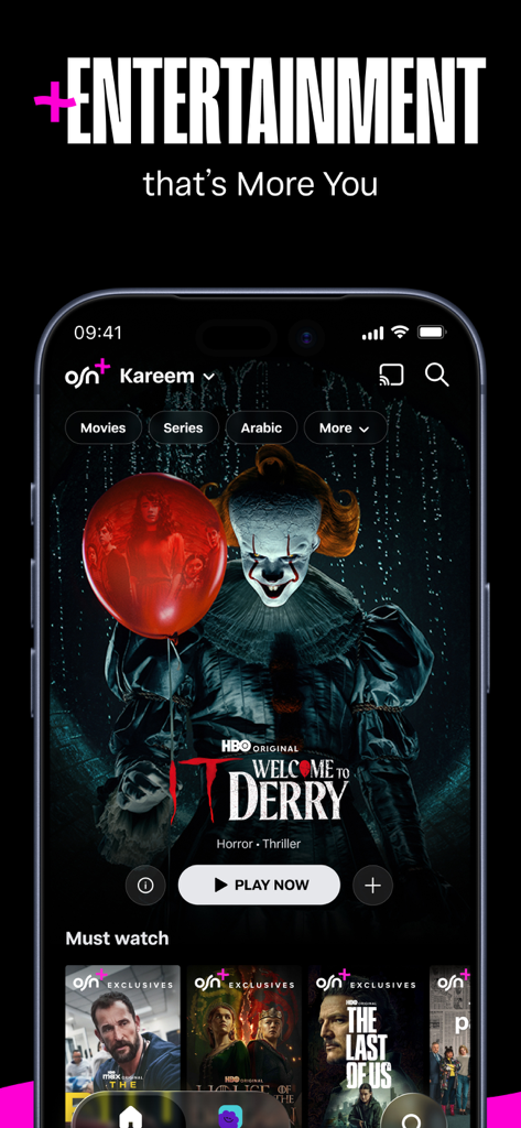 OSN plus mobile app home screen showing movies and series categories with featured HBO content