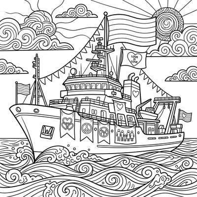 Embark on a creative journey with this vibrant coloring page featuring an exploration vessel decked out for Pride Month. Discover symbols of love, peace, and community as it sails proudly across the seas.