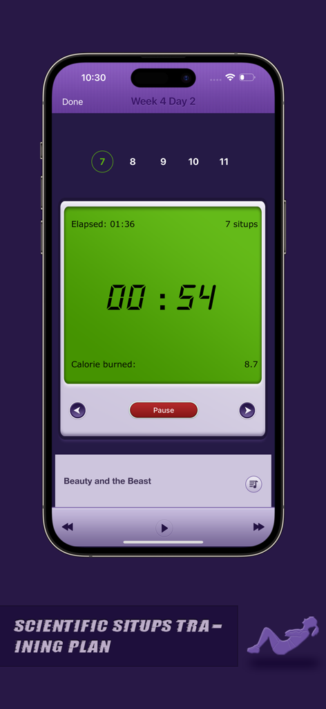 Situps Coach - Situps Coachアプリのインターフェース。タイマー、レップカウンター、音楽コントロールを備えたトレーニングセッションを表示。