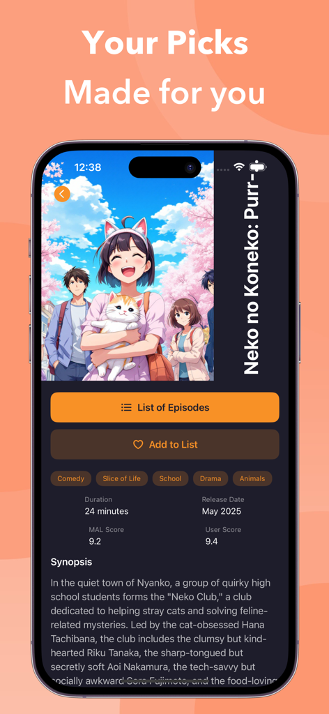 Anime Watch List: TV Episodes - Detail screen of the Anime Watch List app showing personalized anime recommendations and series synopsis