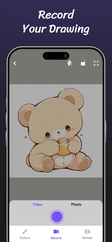 AR Drawing Paint Sketch Trace - Interface of the AR Drawing app showing the video recording feature with a cute cartoon bear