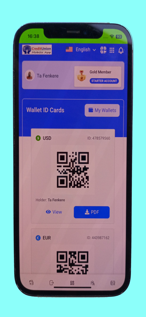 Credit Union Mobile App - Credit Union Mobile App interface displaying multi-currency wallet ID cards with QR codes for USD and EUR accounts