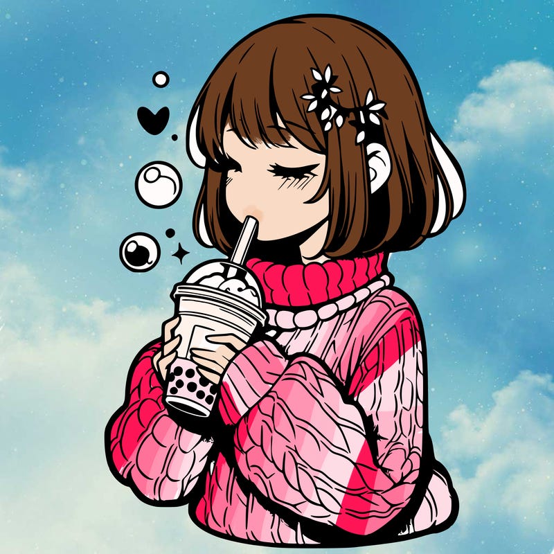 manga girl drinking boba in cozy sweater