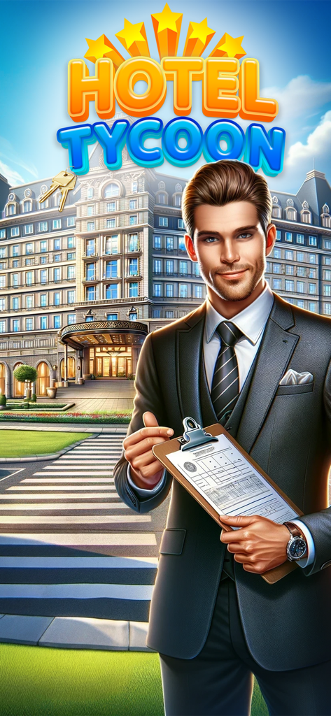 전문적인 정장을 입은 남성 매니저가 웅장한 럭셔리 호텔 건물 앞에서 클립보드를 들고 있는 모습