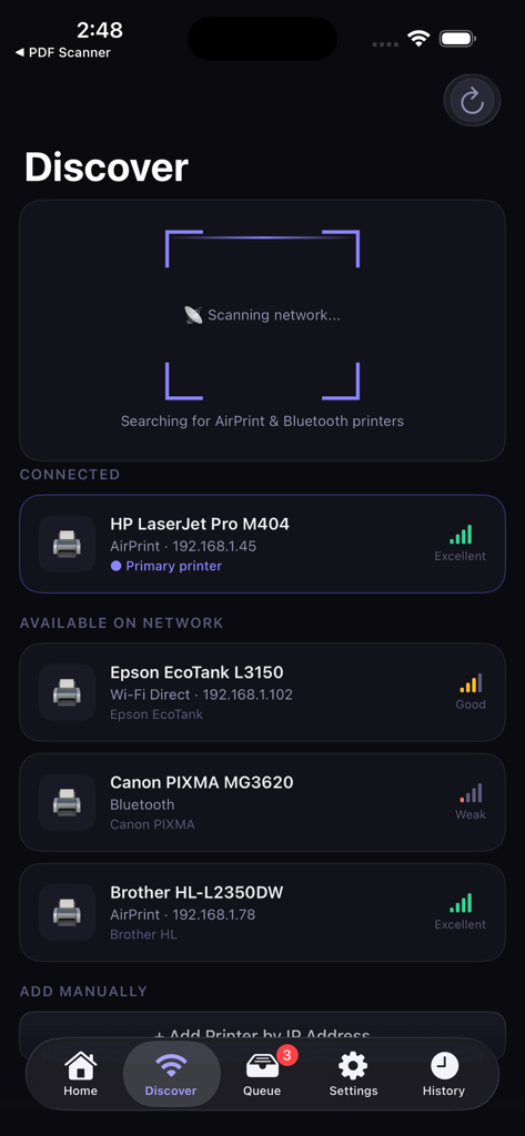HP Smart Printer App : AiPrint - ネットワーク上のさまざまなブランドのワイヤレスプリンターを検出しているHP Smart Printerアプリのインターフェイス。