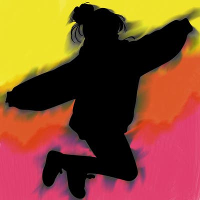 realistic girl jumping with a bun and oversized sweatshirt