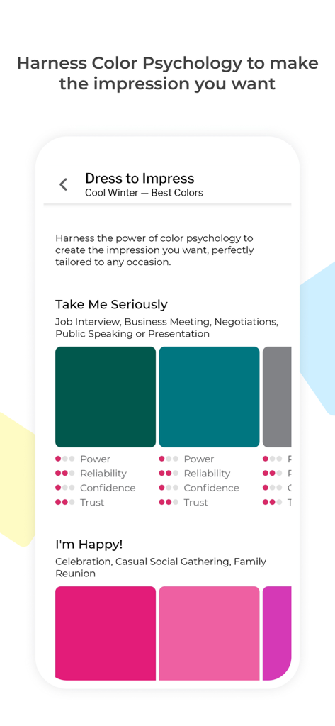 A mobile app interface displaying color palettes for professional and social impressions based on color psychology.
