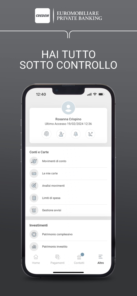 Credem Euromobiliare PB - Interfaccia dell'app Credem Euromobiliare Private Banking che mostra opzioni di gestione conti e investimenti.