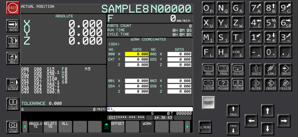 Fanuc CNC Simulator - Digital interface of the Fanuc CNC Simulator showing machine coordinates and keypad.