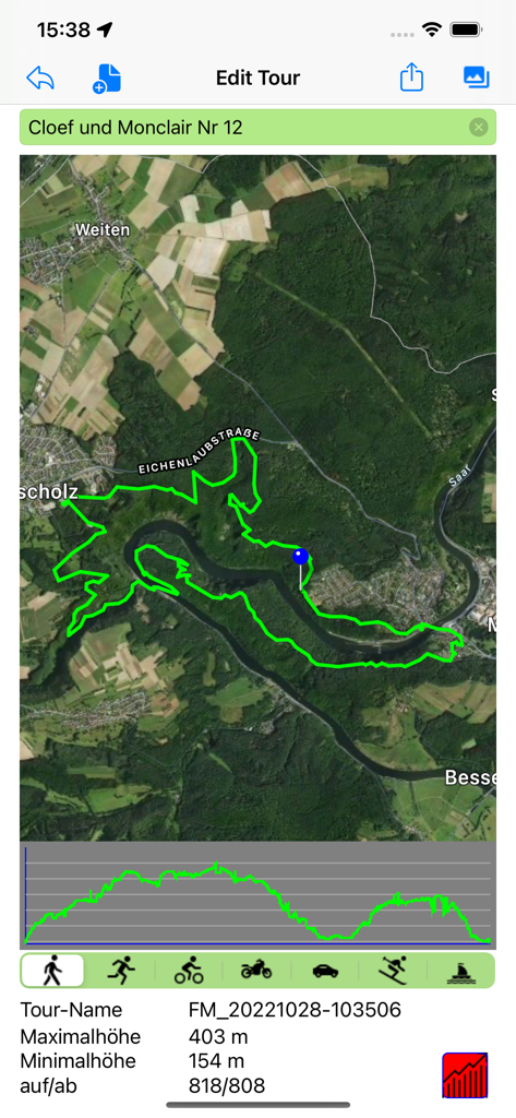 FollowMe - A satellite map showing a green GPS track over a river bend with an elevation profile and tour statistics
