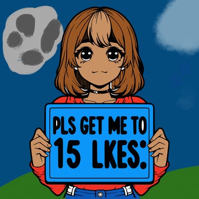 realistic girl holding up a sign that says “pls get me to 15 likes!”