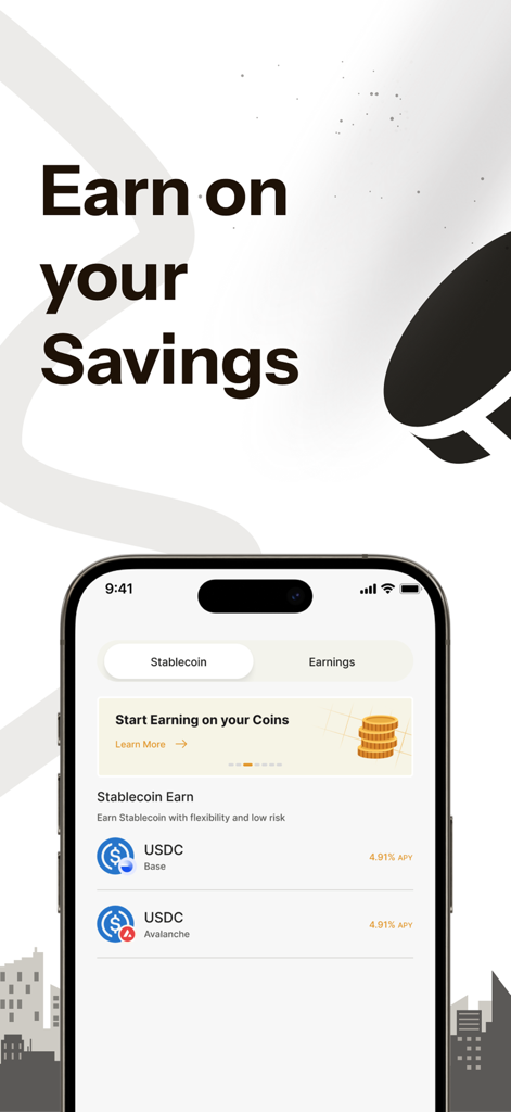 Hurupay - Global USD Banking - Hurupay mobile app interface displaying options to earn interest on USDC stablecoin savings